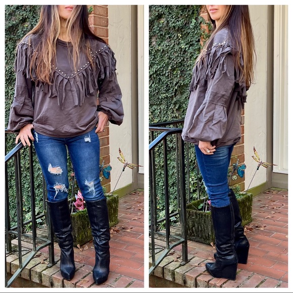 Most Fabulous Studded Detail Fringe Pullover Sweatshirt - Picture 1 of 8